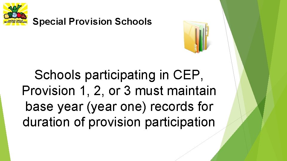 Special Provision Schools participating in CEP, Provision 1, 2, or 3 must maintain base