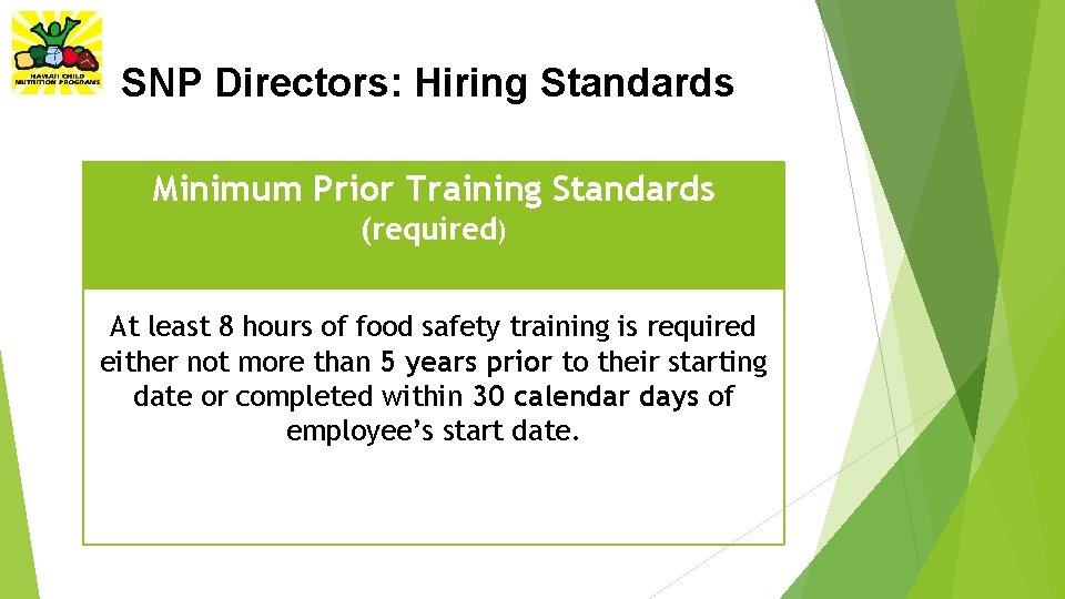 SNP Directors: Hiring Standards Minimum Prior Training Standards (required) At least 8 hours of