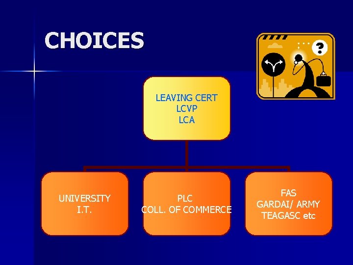 CHOICES LEAVING CERT LCVP LCA UNIVERSITY I. T. PLC COLL. OF COMMERCE FAS GARDAI/ CHOICES LEAVING CERT LCVP LCA UNIVERSITY I. T. PLC COLL. OF COMMERCE FAS GARDAI/