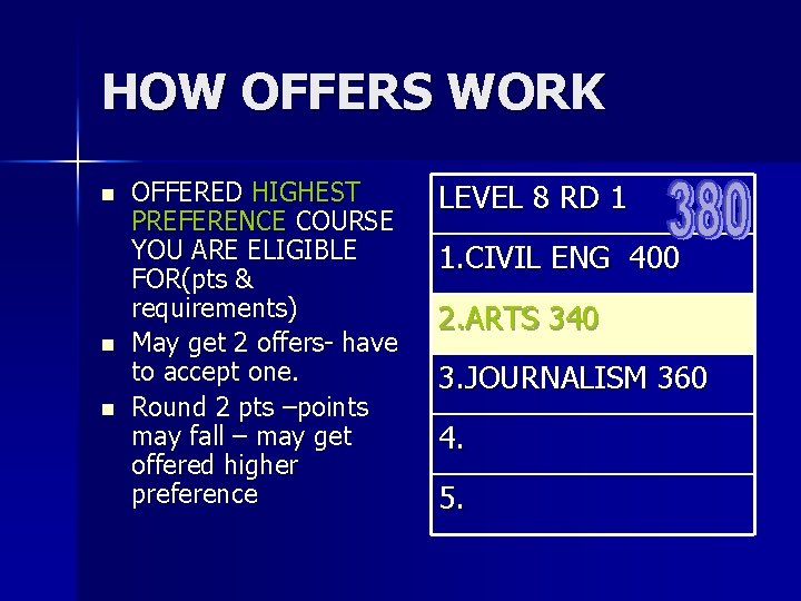 HOW OFFERS WORK n n n OFFERED HIGHEST PREFERENCE COURSE YOU ARE ELIGIBLE FOR(pts