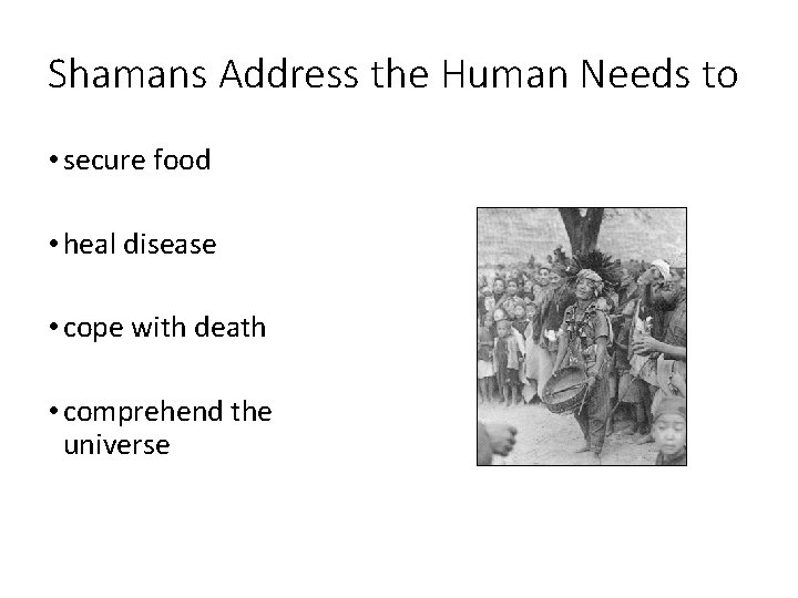 Shamans Address the Human Needs to • secure food • heal disease • cope