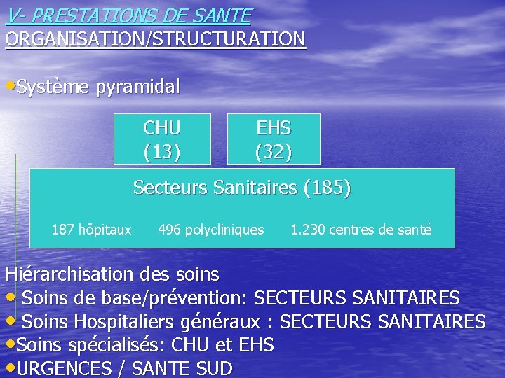V- PRESTATIONS DE SANTE ORGANISATION/STRUCTURATION • Système pyramidal CHU (13) EHS (32) Secteurs Sanitaires