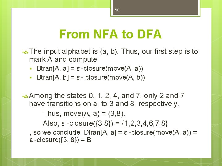 50 From NFA to DFA The input alphabet is {a, b). Thus, our first