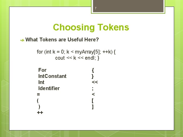 7 Choosing Tokens What Tokens are Useful Here? for (int k = 0; k