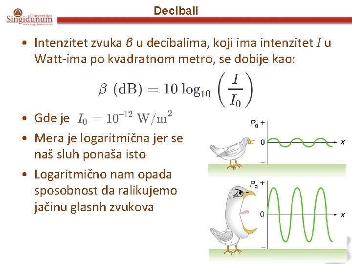 Decibali • Intenzitet zvuka β u decibalima, koji ima intenzitet I u Watt-ima po