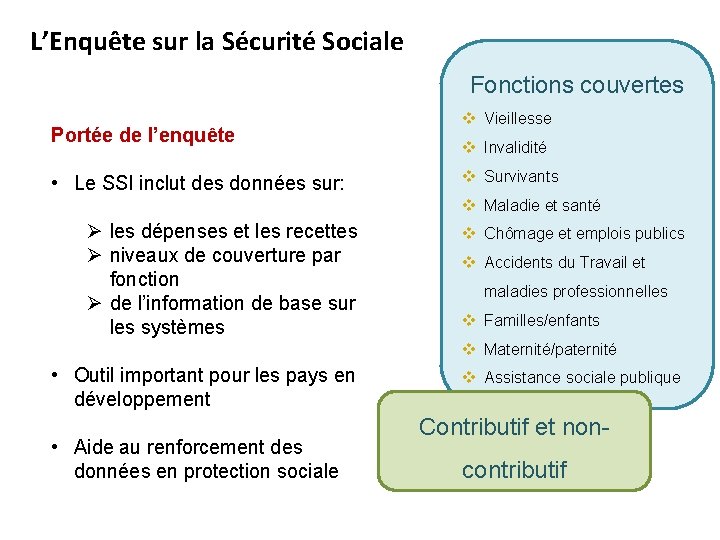 L’Enquête sur la Sécurité Sociale Fonctions couvertes Portée de l’enquête • Le SSI inclut