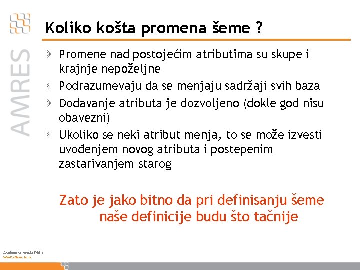 Koliko košta promena šeme ? Promene nad postojećim atributima su skupe i krajnje nepoželjne