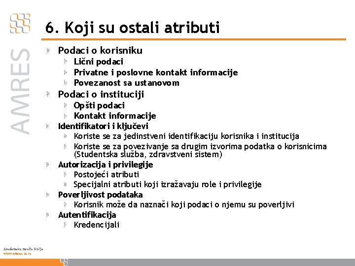 6. Koji su ostali atributi Podaci o korisniku Lični podaci Privatne i poslovne kontakt