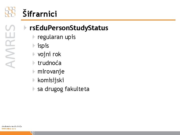 Šifrarnici rs. Edu. Person. Study. Status regularan upis ispis vojni rok trudnoća mirovanje komisijski