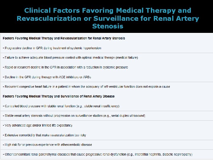 Clinical Factors Favoring Medical Therapy and Revascularization or Surveillance for Renal Artery Stenosis 