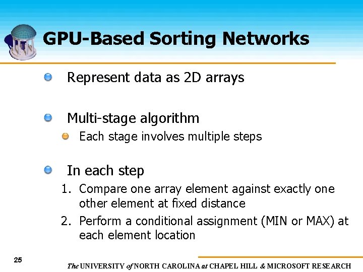 GPU-Based Sorting Networks Represent data as 2 D arrays Multi-stage algorithm Each stage involves