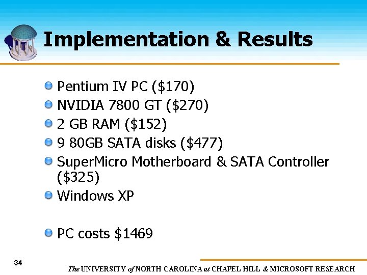 Implementation & Results Pentium IV PC ($170) NVIDIA 7800 GT ($270) 2 GB RAM