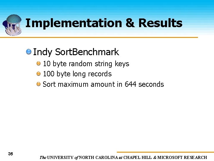 Implementation & Results Indy Sort. Benchmark 10 byte random string keys 100 byte long