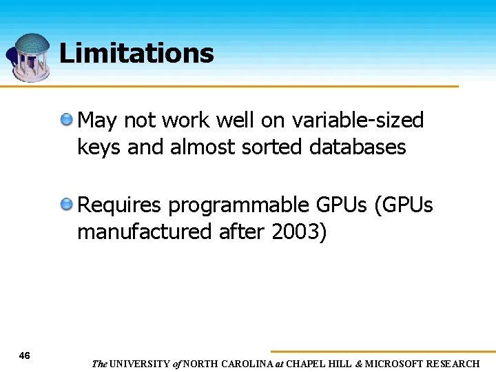 Limitations May not work well on variable-sized keys and almost sorted databases Requires programmable