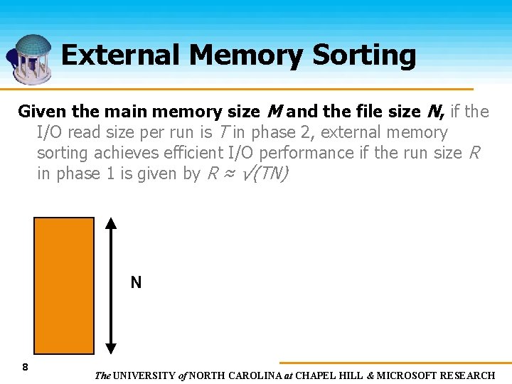 External Memory Sorting Given the main memory size M and the file size N,