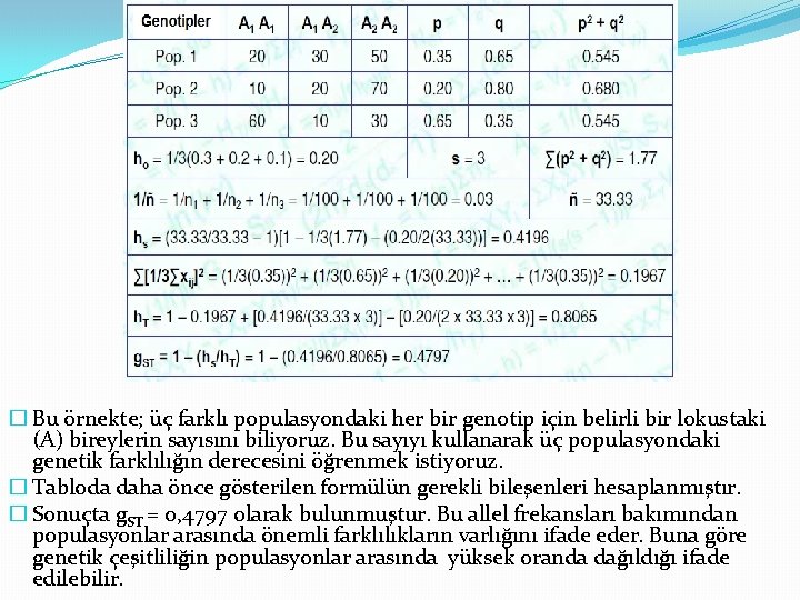 � Bu örnekte; üç farklı populasyondaki her bir genotip için belirli bir lokustaki (A)