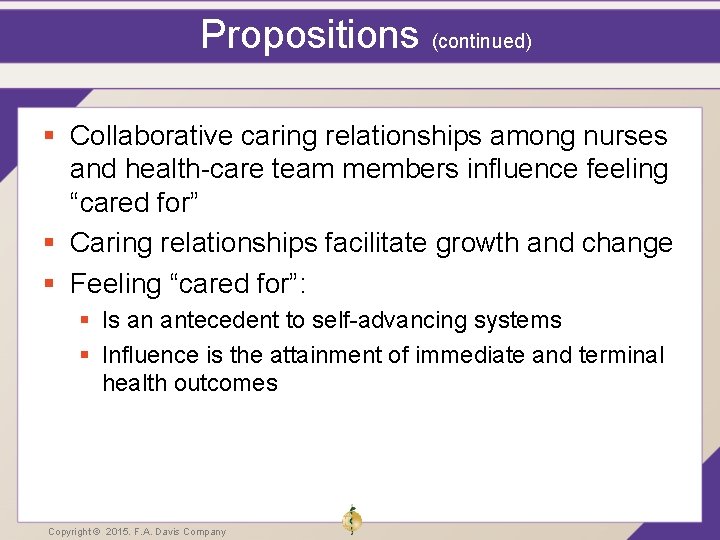 Propositions (continued) § Collaborative caring relationships among nurses and health-care team members influence feeling Propositions (continued) § Collaborative caring relationships among nurses and health-care team members influence feeling