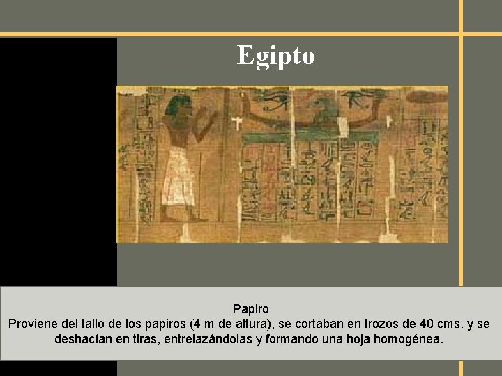 Egipto Papiro Proviene del tallo de los papiros (4 m de altura), se cortaban