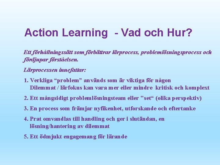 Action Learning - Vad och Hur? Ett förhållningssätt som förbättrar lärprocess, problemlösningsprocess och fördjupar