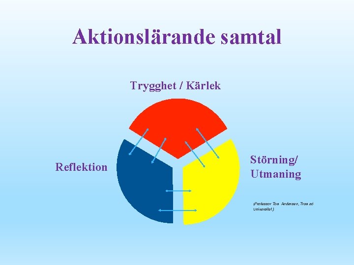 Aktionslärande samtal Trygghet / Kärlek Reflektion Störning/ Utmaning (Professor Tom Andersen, Tromsö Universitet. )