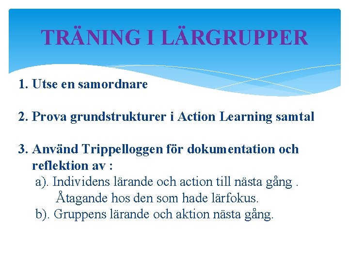TRÄNING I LÄRGRUPPER 1. Utse en samordnare 2. Prova grundstrukturer i Action Learning samtal