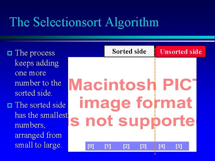 The Selectionsort Algorithm The process keeps adding one more number to the sorted side.