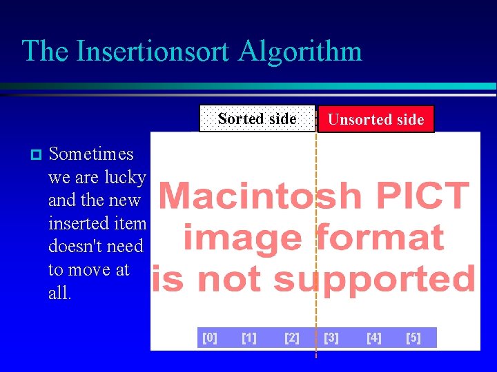 The Insertionsort Algorithm Sorted side Unsorted side Sometimes we are lucky and the new