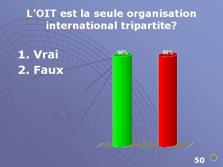 L’OIT est la seule organisation international tripartite? 1. Vrai 2. Faux 50 