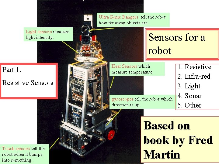 Ultra Sonic Rangers tell the robot how far away objects are. Light sensors measure