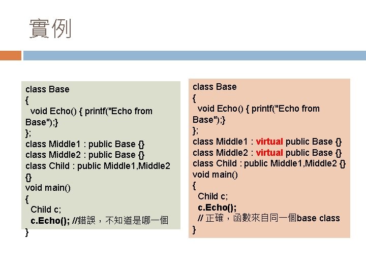 實例 class Base { void Echo() { printf("Echo from Base"); } }; class Middle