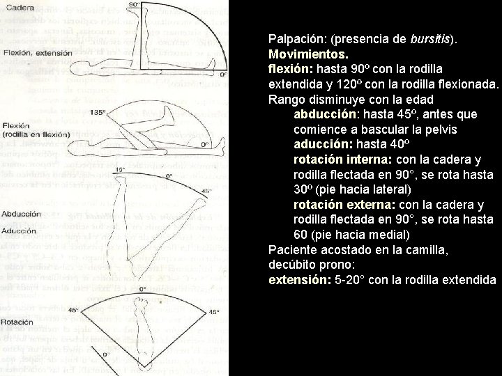 Palpación: (presencia de bursitis). Movimientos. flexión: hasta 90º con la rodilla extendida y 120º