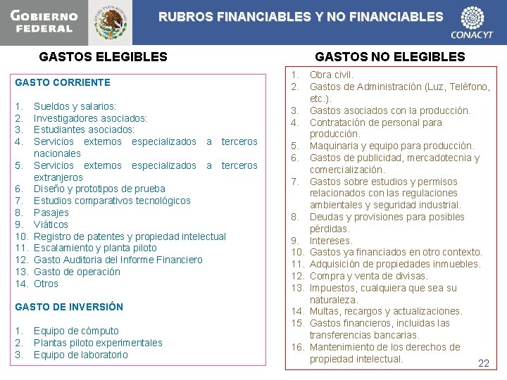 RUBROS FINANCIABLES Y NO FINANCIABLES GASTOS ELEGIBLES GASTO CORRIENTE 1. 2. 3. 4. 5.