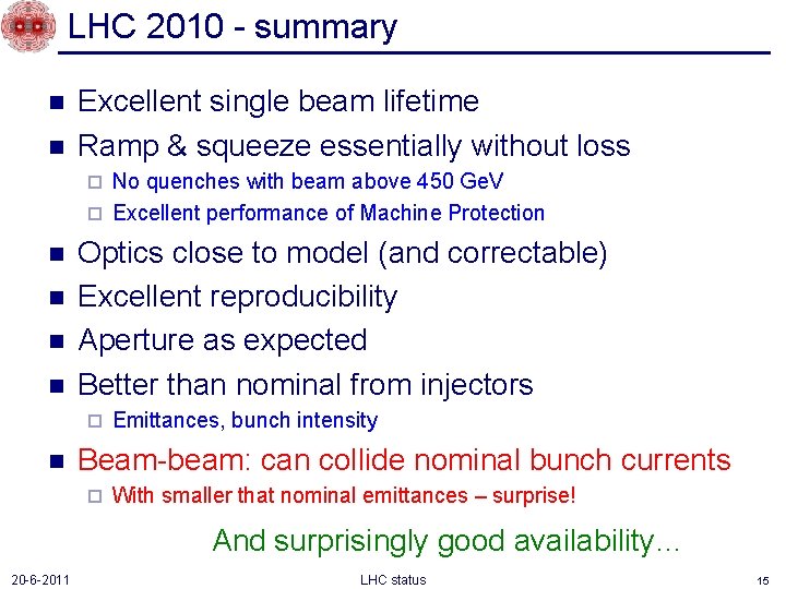 LHC 2010 - summary n n Excellent single beam lifetime Ramp & squeeze essentially