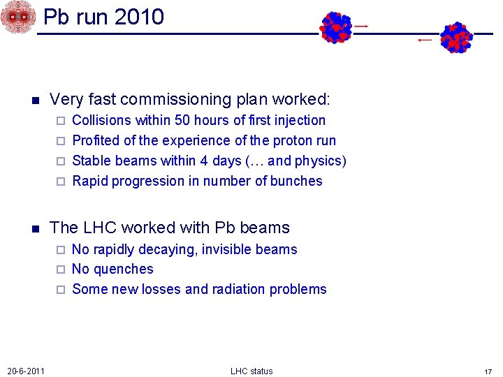 Pb run 2010 n Very fast commissioning plan worked: Collisions within 50 hours of