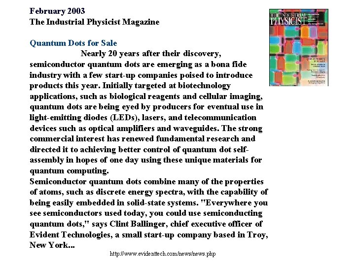 February 2003 The Industrial Physicist Magazine Quantum Dots for Sale Nearly 20 years after