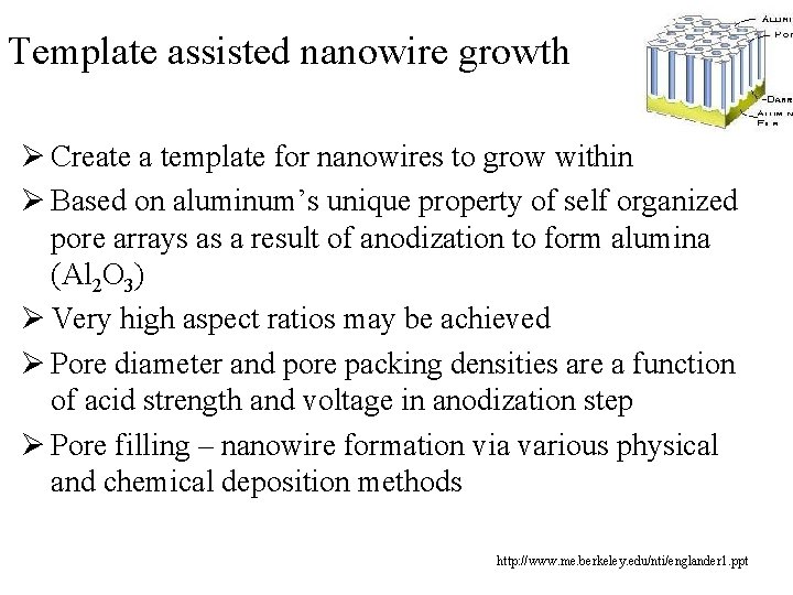Template assisted nanowire growth Ø Create a template for nanowires to grow within Ø