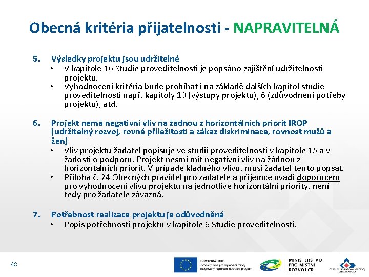 Obecná kritéria přijatelnosti - NAPRAVITELNÁ 48 5. Výsledky projektu jsou udržitelné • V kapitole