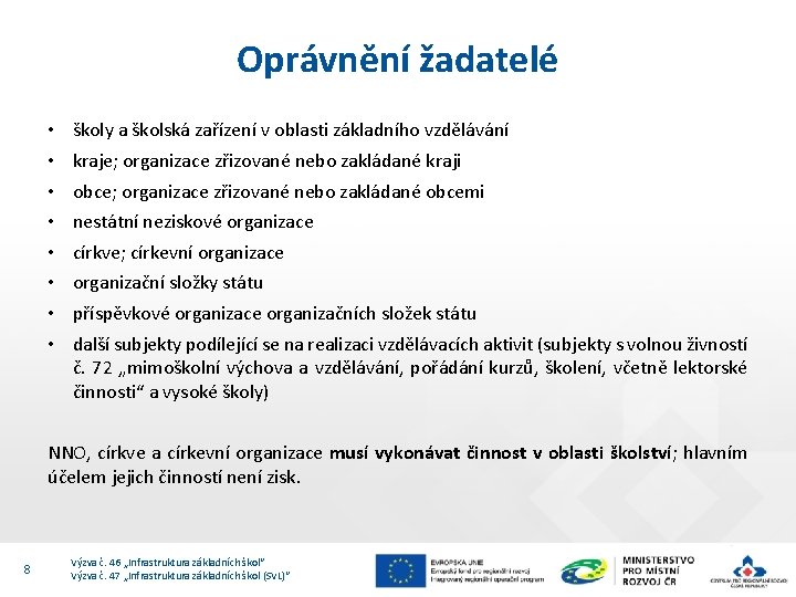Oprávnění žadatelé • • školy a školská zařízení v oblasti základního vzdělávání kraje; organizace Oprávnění žadatelé • • školy a školská zařízení v oblasti základního vzdělávání kraje; organizace
