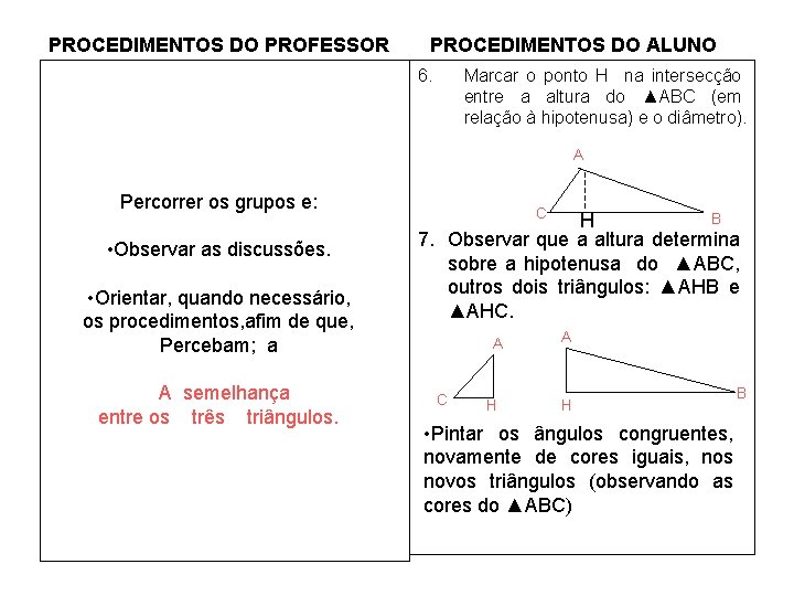 PROCEDIMENTOS DO PROFESSOR PROCEDIMENTOS DO ALUNO 6. Marcar o ponto H na intersecção entre