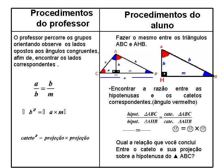 Procedimentos do professor O professor percorre os grupos orientando observe os lados opostos aos