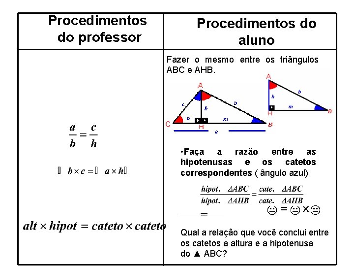 Procedimentos do professor Procedimentos do aluno Fazer o mesmo entre os triângulos ABC e