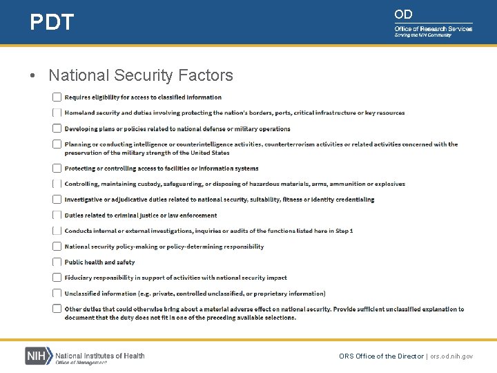 PDT OD • National Security Factors ORS Office of the Director | ors. od.