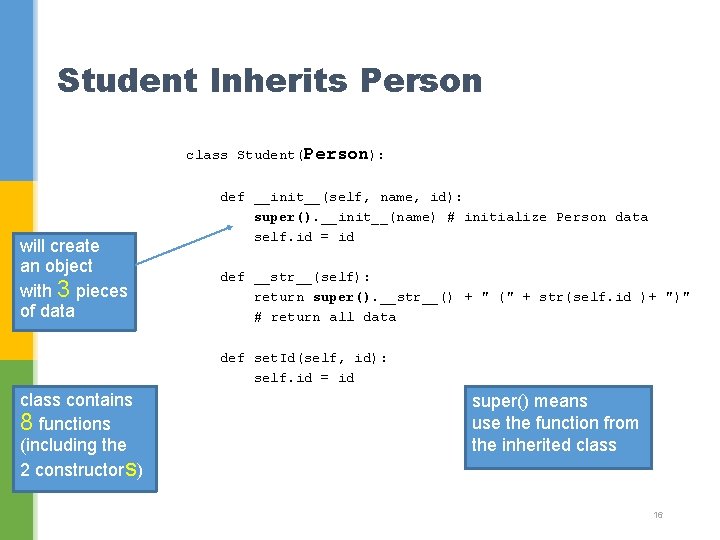 Student Inherits Person class Student(Person): will create an object with 3 pieces of data