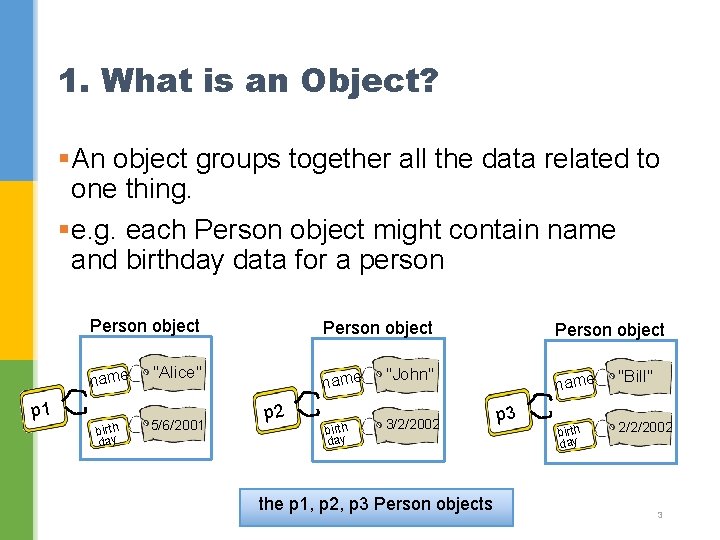 1. What is an Object? §An object groups together all the data related to