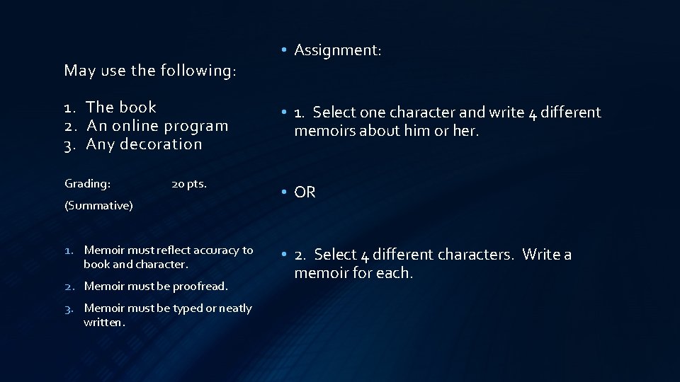 May use the following: • Assignment: 1. The book 2. An online program 3.