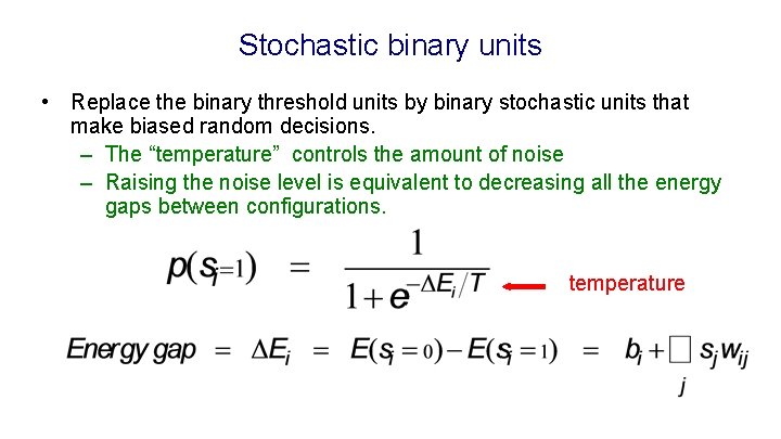 Stochastic binary units • Replace the binary threshold units by binary stochastic units that