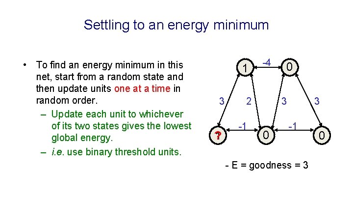 Settling to an energy minimum • To find an energy minimum in this net,
