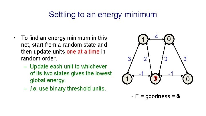 Settling to an energy minimum • To find an energy minimum in this net,