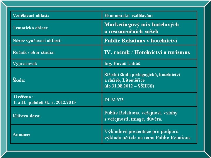 Vzdělávací oblast: Ekonomické vzdělávání Tematická oblast: Marketingový mix hotelových a restauračních sužeb Název vyučovací