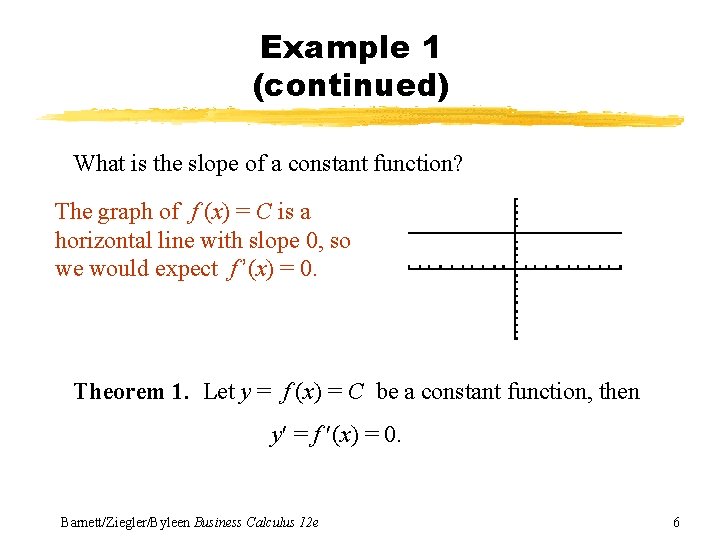 Example 1 (continued) What is the slope of a constant function? The graph of